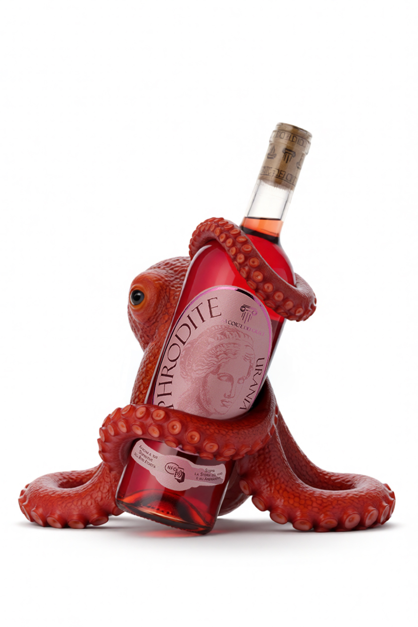 Luca Corsetti Studio - La Corte dei Greci, Aphrodite Urania Rosé, hybrid concept with an octopus embracing the bottle